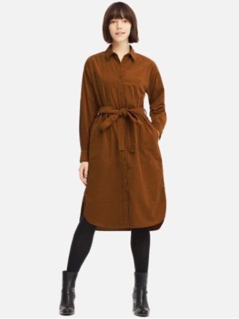 Uniqulo copper brown corduroy shirt dress